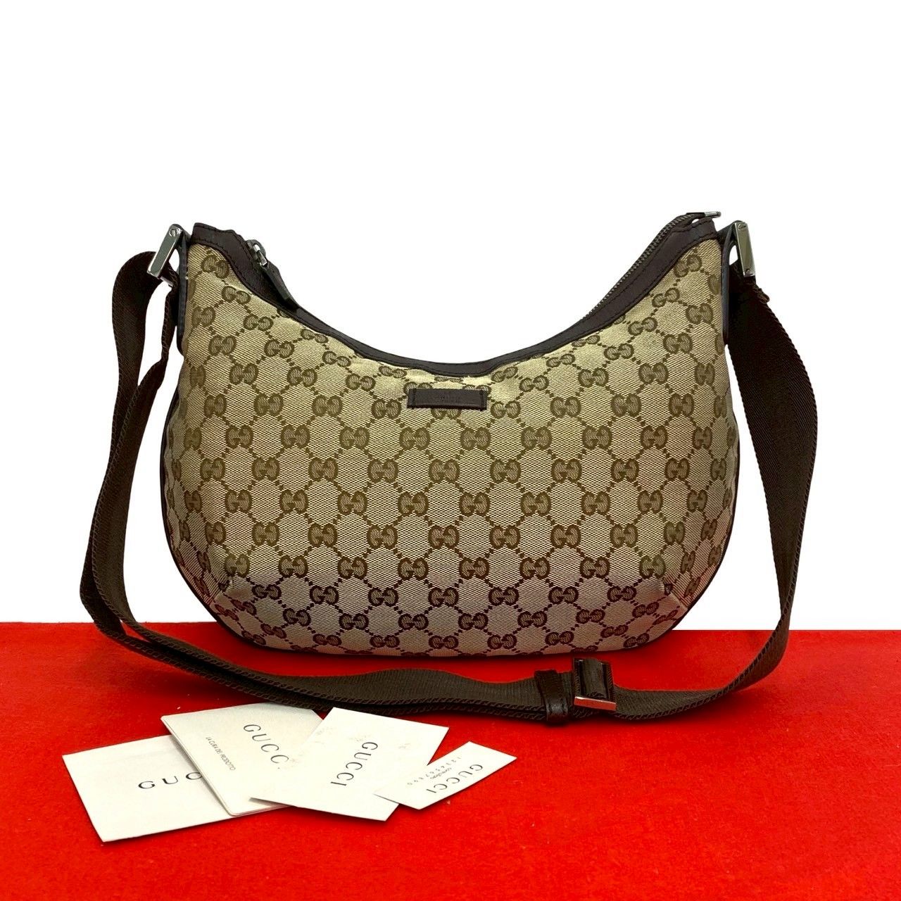 Gucci GG Canvas Logo Shoulder Bag Pochette Crossbody Cross Brown