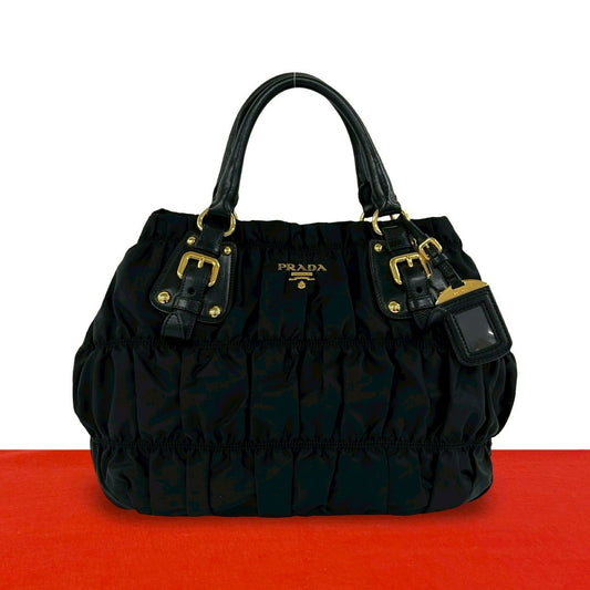 Prada Logo Gathered Tessuto Nylon Leather Tote Black