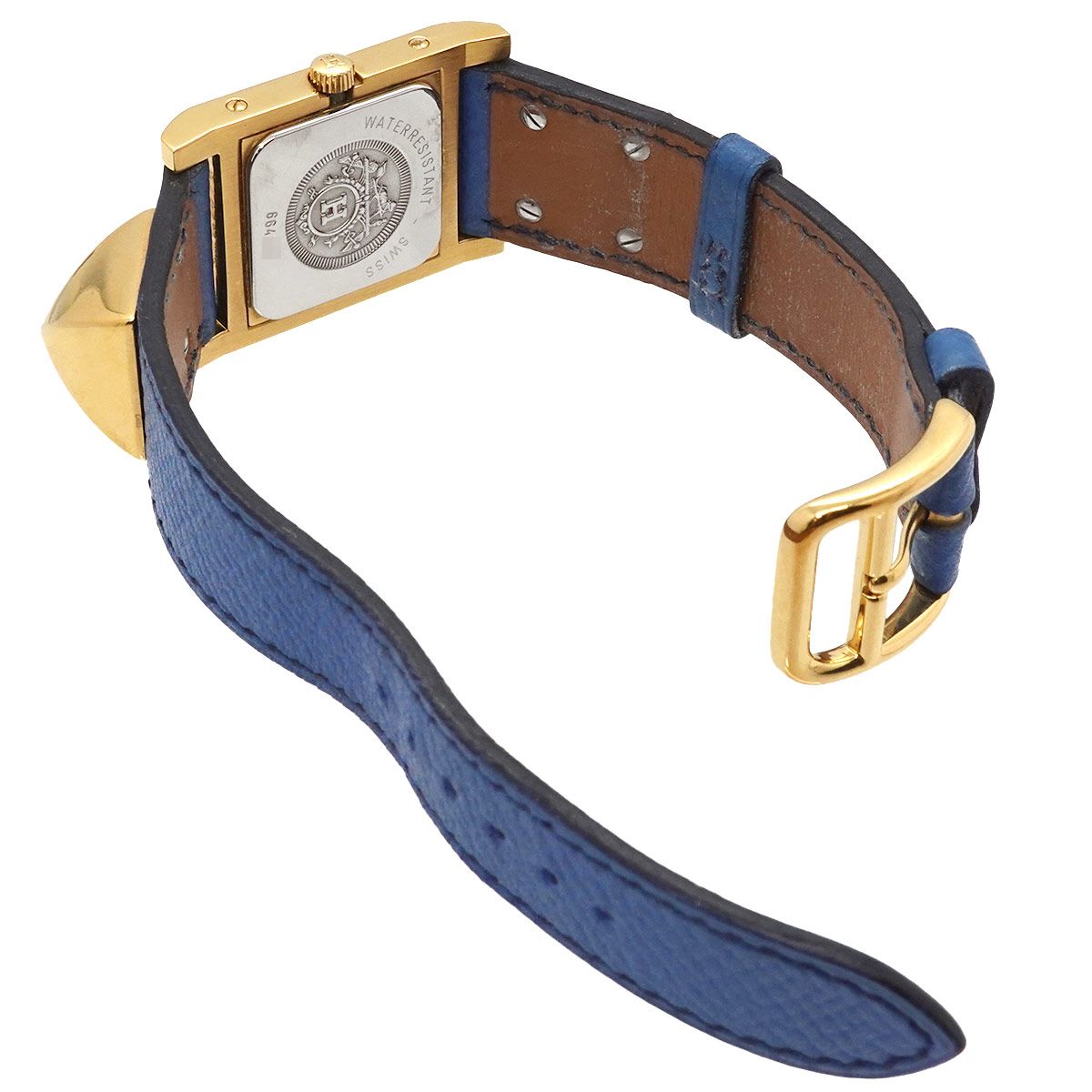 Hermes Medor Vintage Watch Pyramid Gold Studs White Leather Quartz — view 5
