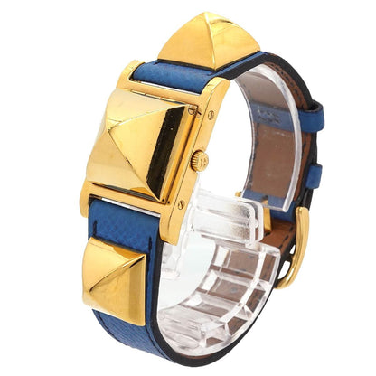 Hermes Medor Vintage Watch Pyramid Gold Studs White Leather Quartz — view 3