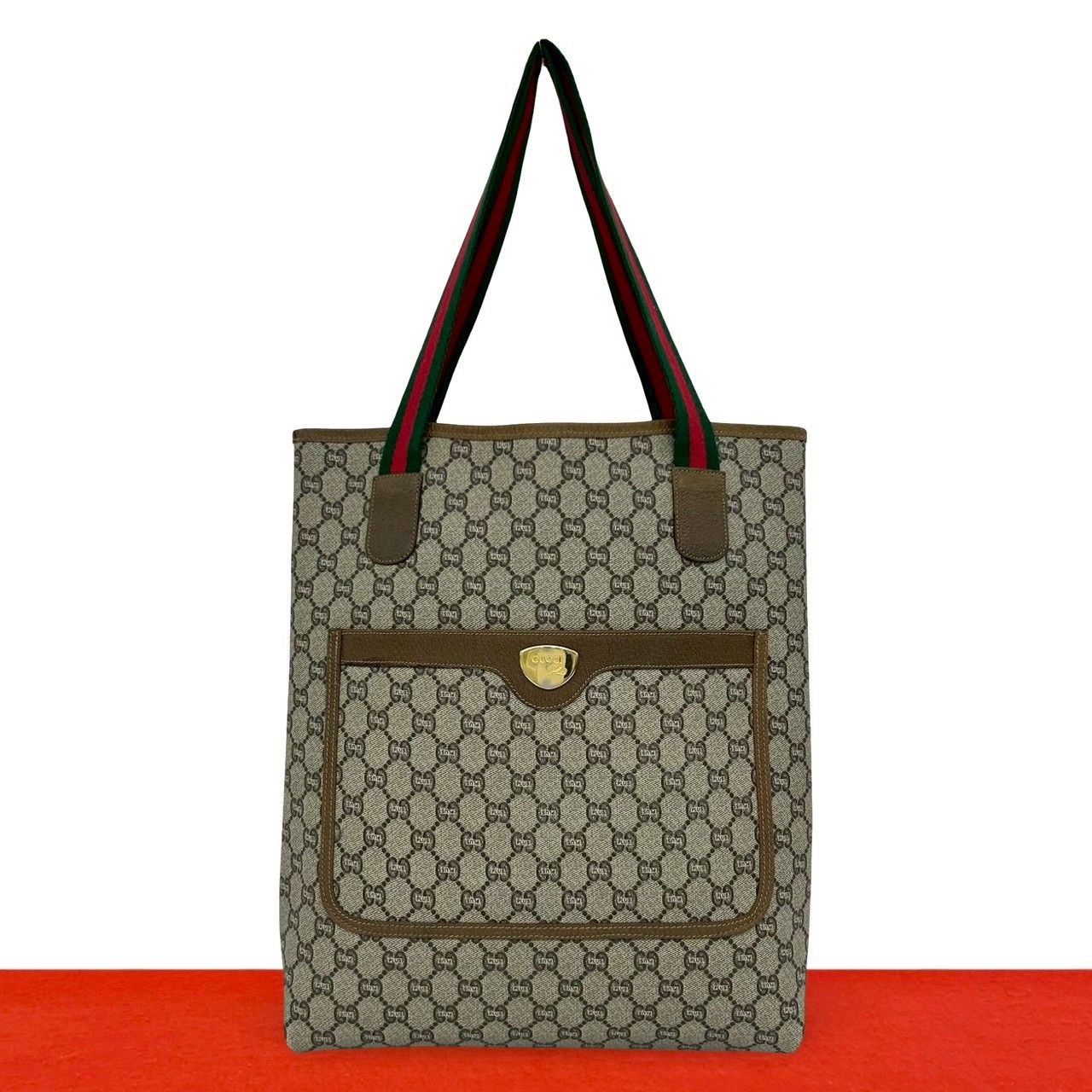 Gucci Vintage Sherry Line Plus Logo GG Pattern Leather Tote Brown