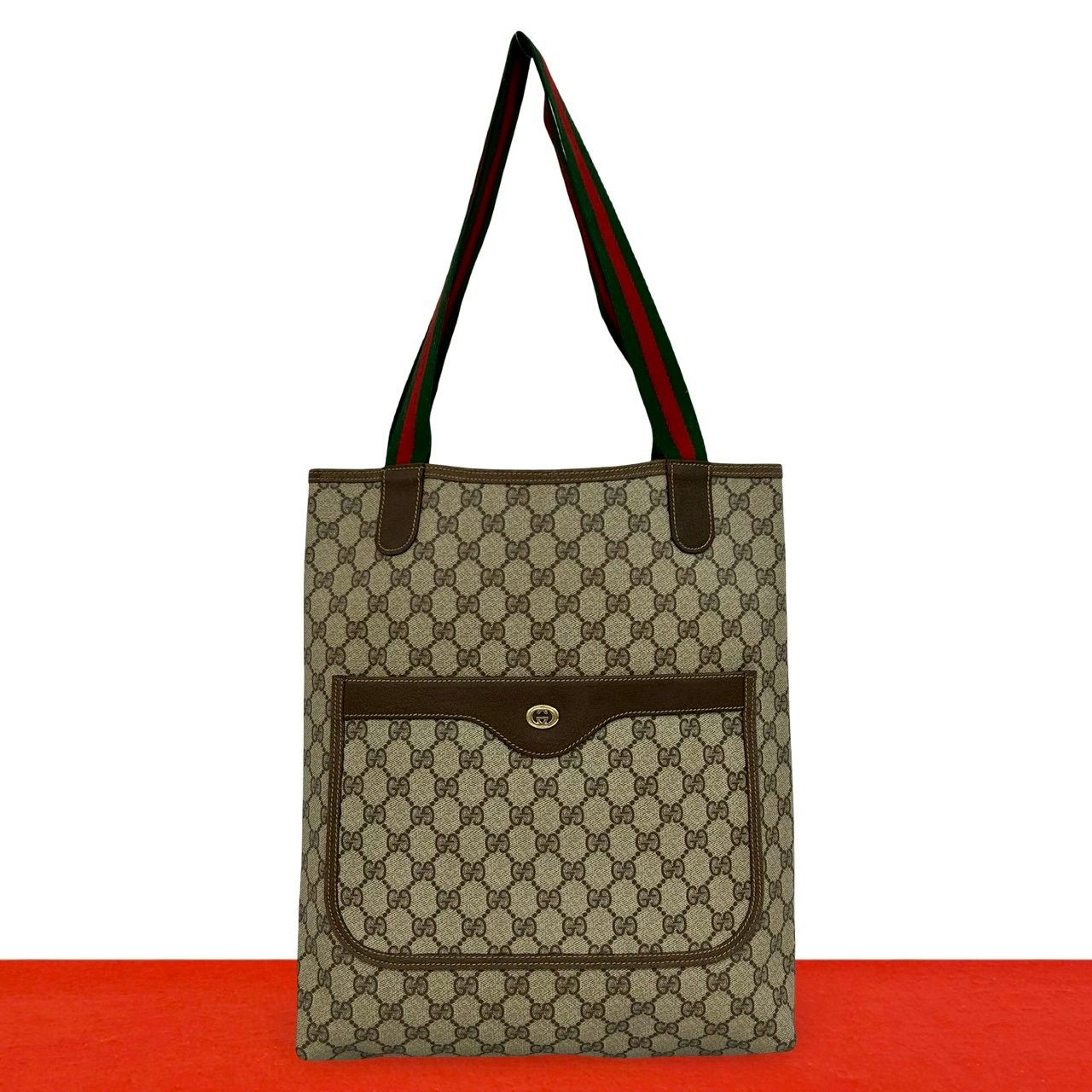 Gucci Vintage Sherry Line GG Logo Leather Tote Brown