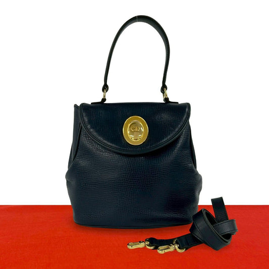 Dior Vintage CD Logo Leather 2-Way Shoulder Bag Navy