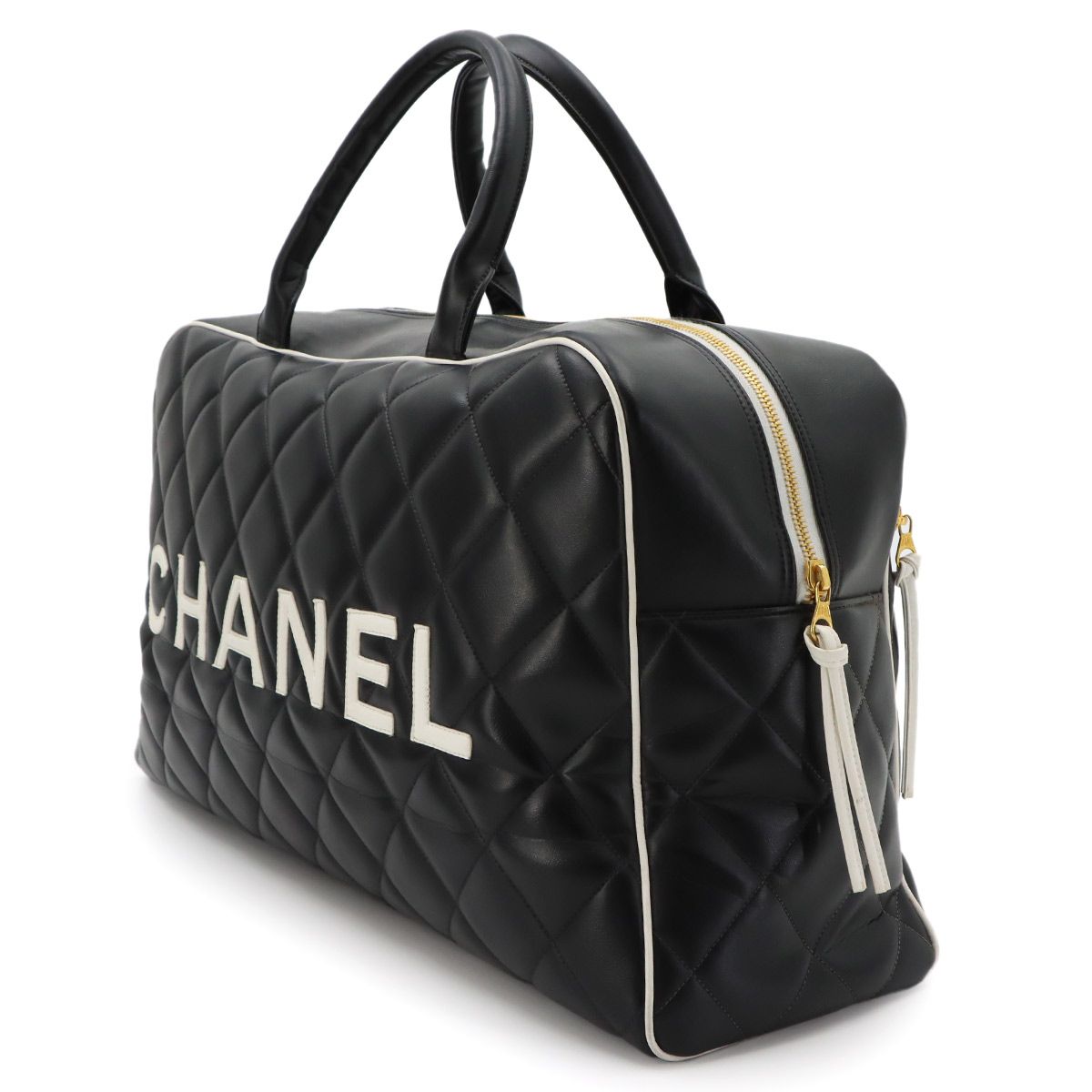 Chanel Quilted Logo Boston Bag Leather Black Vintage Gold — view 3