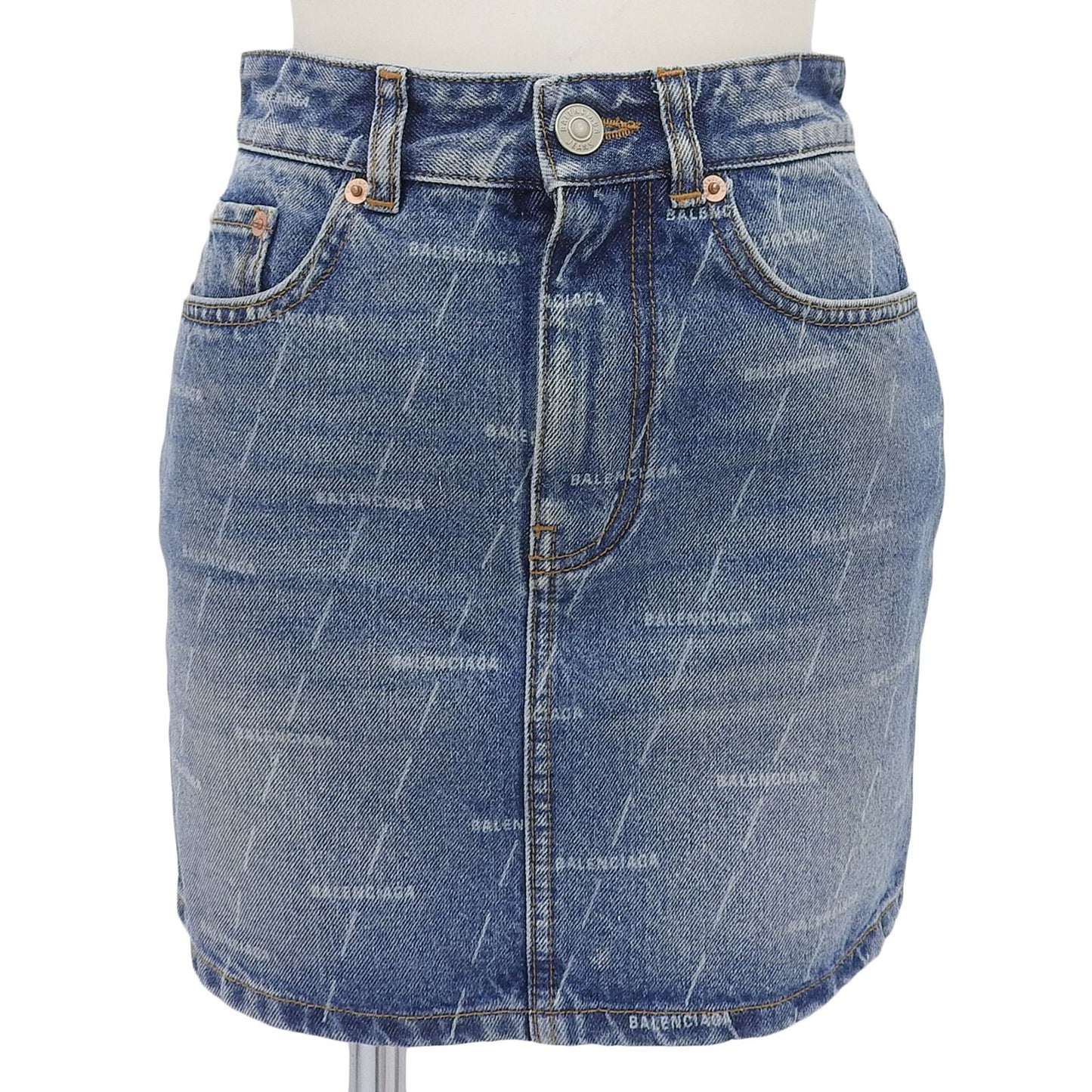 Balenciaga Cotton 100% Logo Buttoned All Over Pattern Denim Skirt Indigo 34