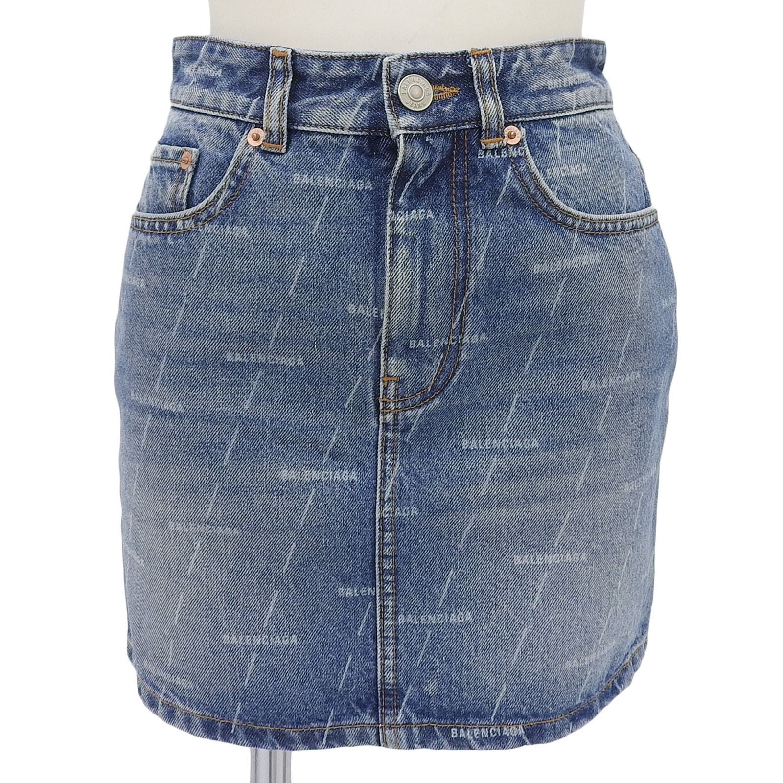 Balenciaga Cotton 100% Logo Buttoned All Over Pattern Denim Skirt Indigo 34