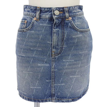 Balenciaga Cotton 100% Logo Buttoned All Over Pattern Denim Skirt Indigo 34