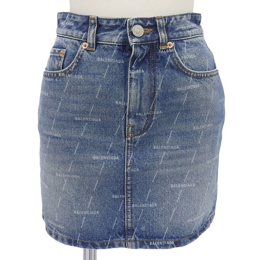 Balenciaga Cotton 100% Logo Buttoned All Over Pattern Denim Skirt Indigo 34