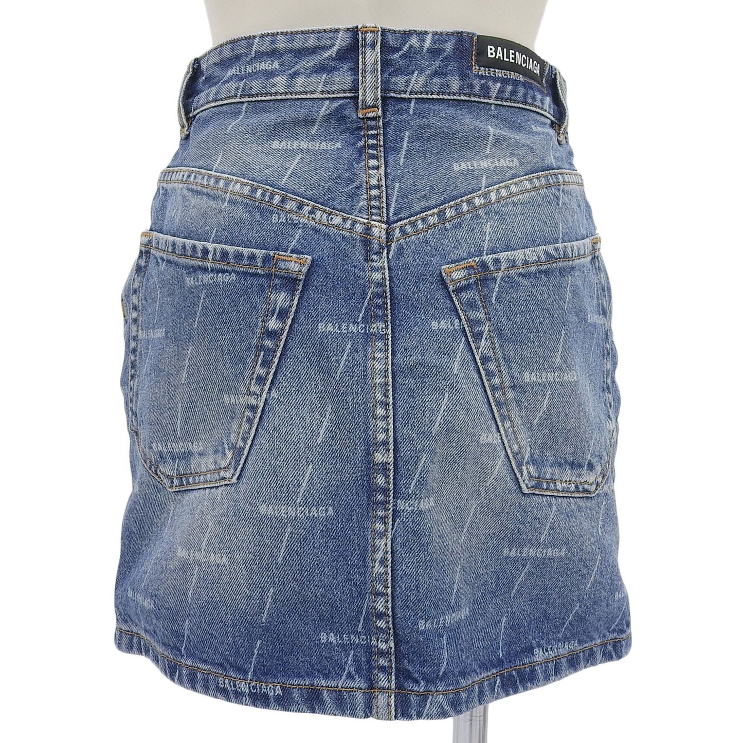 Balenciaga Cotton 100% Logo Buttoned All Over Pattern Denim Skirt Indigo 34 — view 2