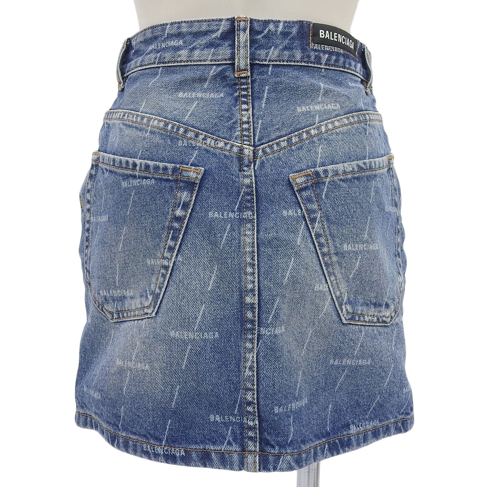 Balenciaga Cotton 100% Logo Buttoned All Over Pattern Denim Skirt Indigo 34 — view 2