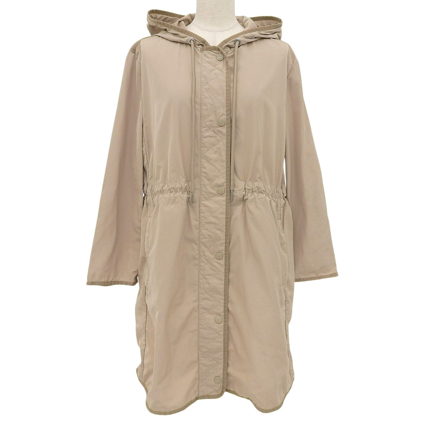 Moncler Lepris Logo Patch Hooded Drawstring Nylon Coat Beige