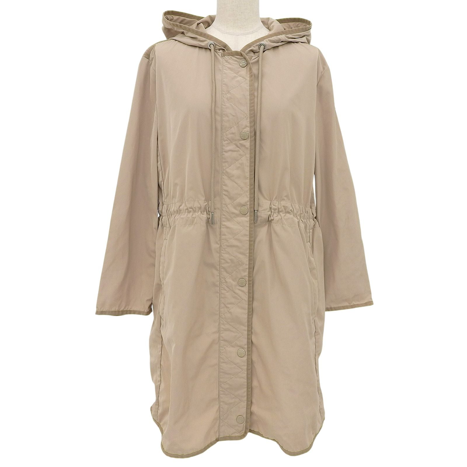 Moncler Lepris Logo Patch Hooded Drawstring Nylon Coat Beige
