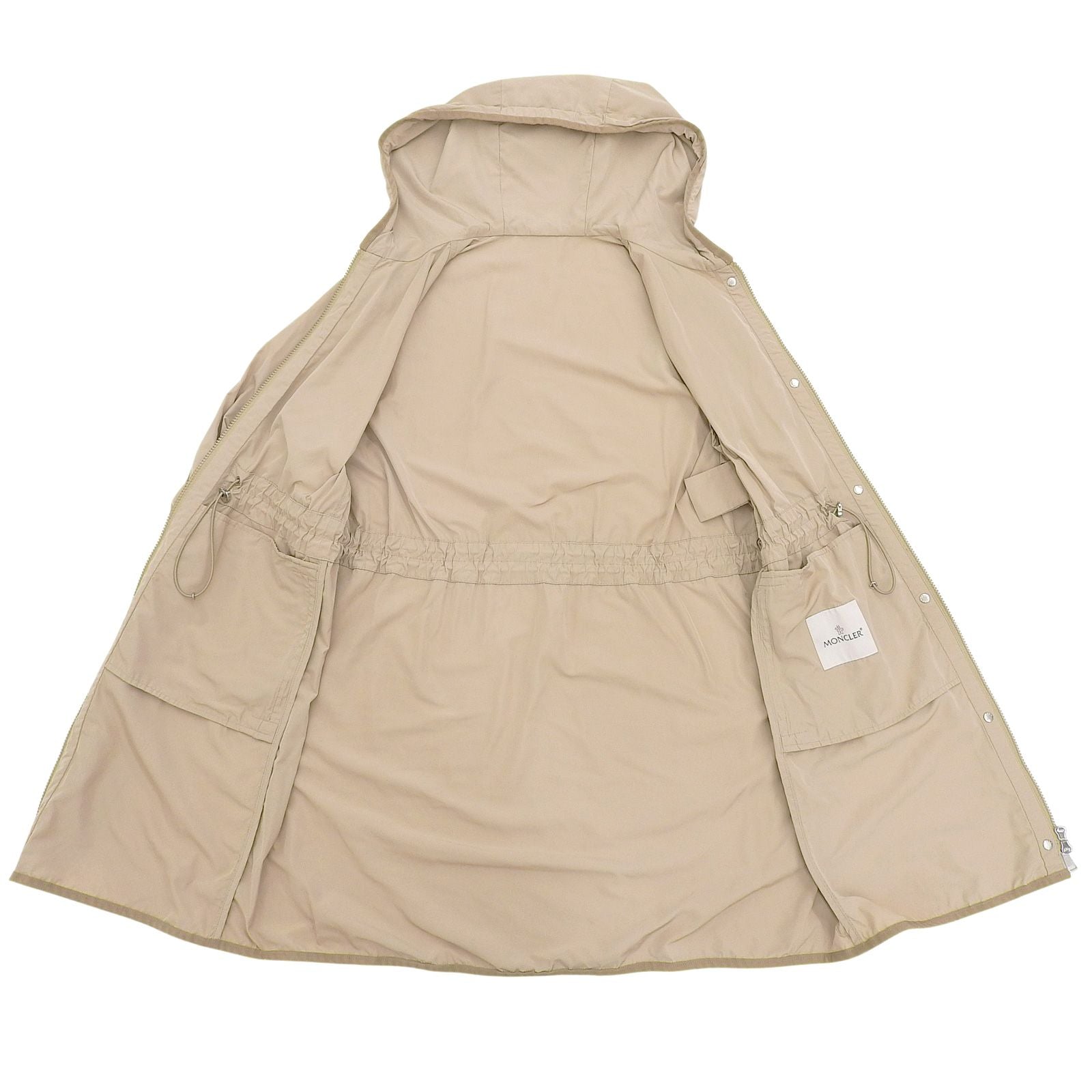 Moncler Lepris Logo Patch Hooded Drawstring Nylon Coat Beige — view 5