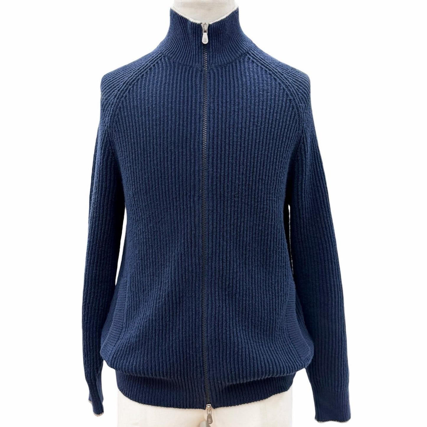 Brunello Cucinelli Cotton Stand Collar Double Zip Up Knit Jacket Navy 46