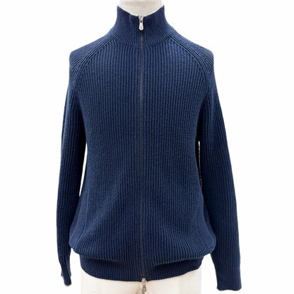 Brunello Cucinelli Cotton Stand Collar Double Zip Up Knit Jacket Navy 46