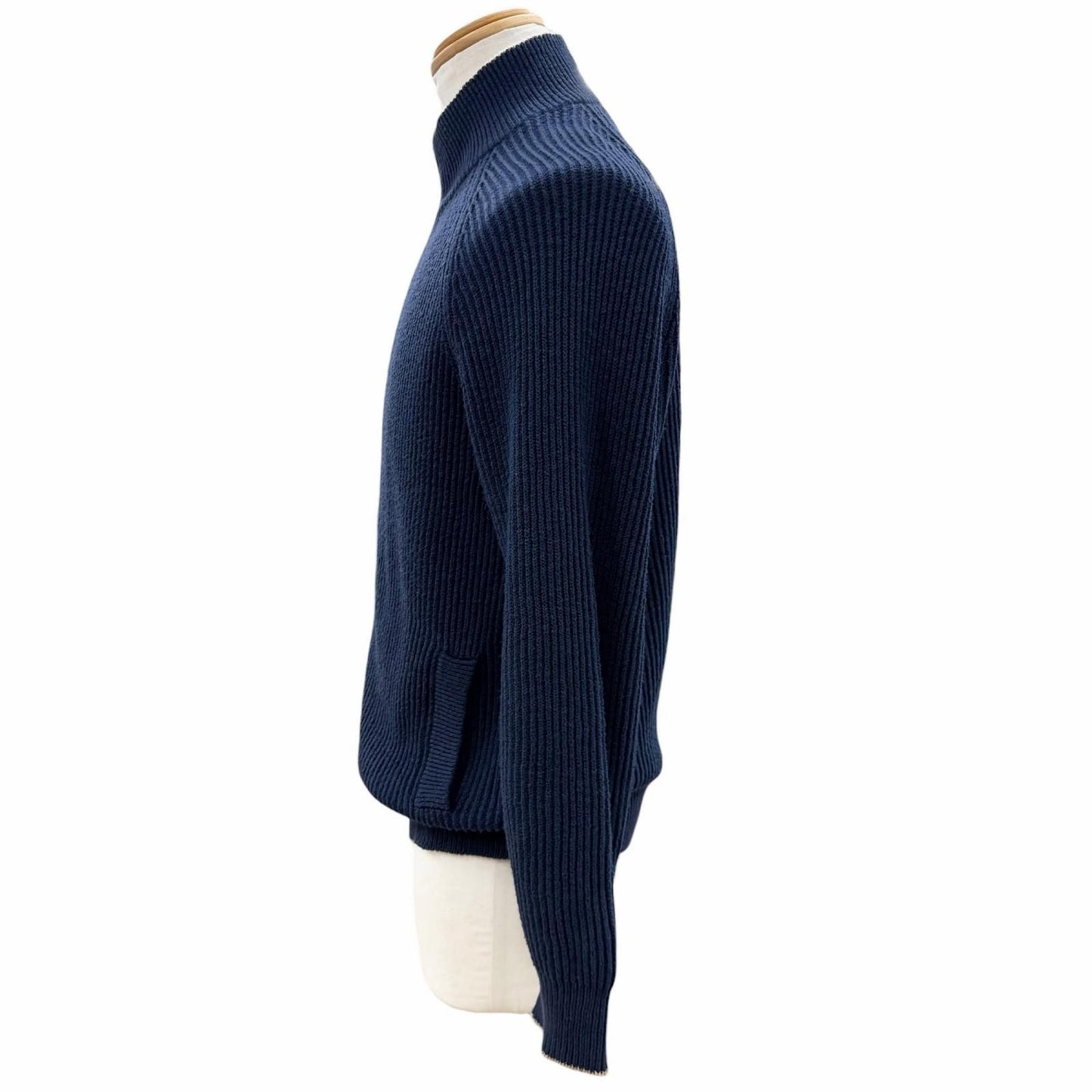 Brunello Cucinelli Cotton Stand Collar Double Zip Up Knit Jacket Navy 46 — view 3