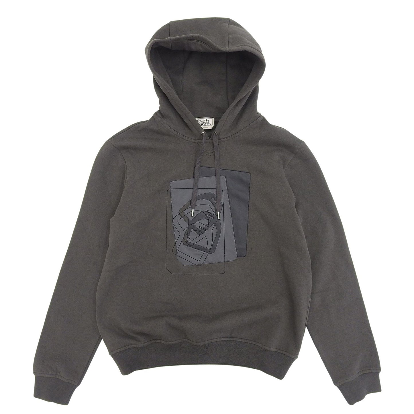 Hermes Etriers Decales Cotton 100% Leather Fleece Lining Hooded Hoodie Gray