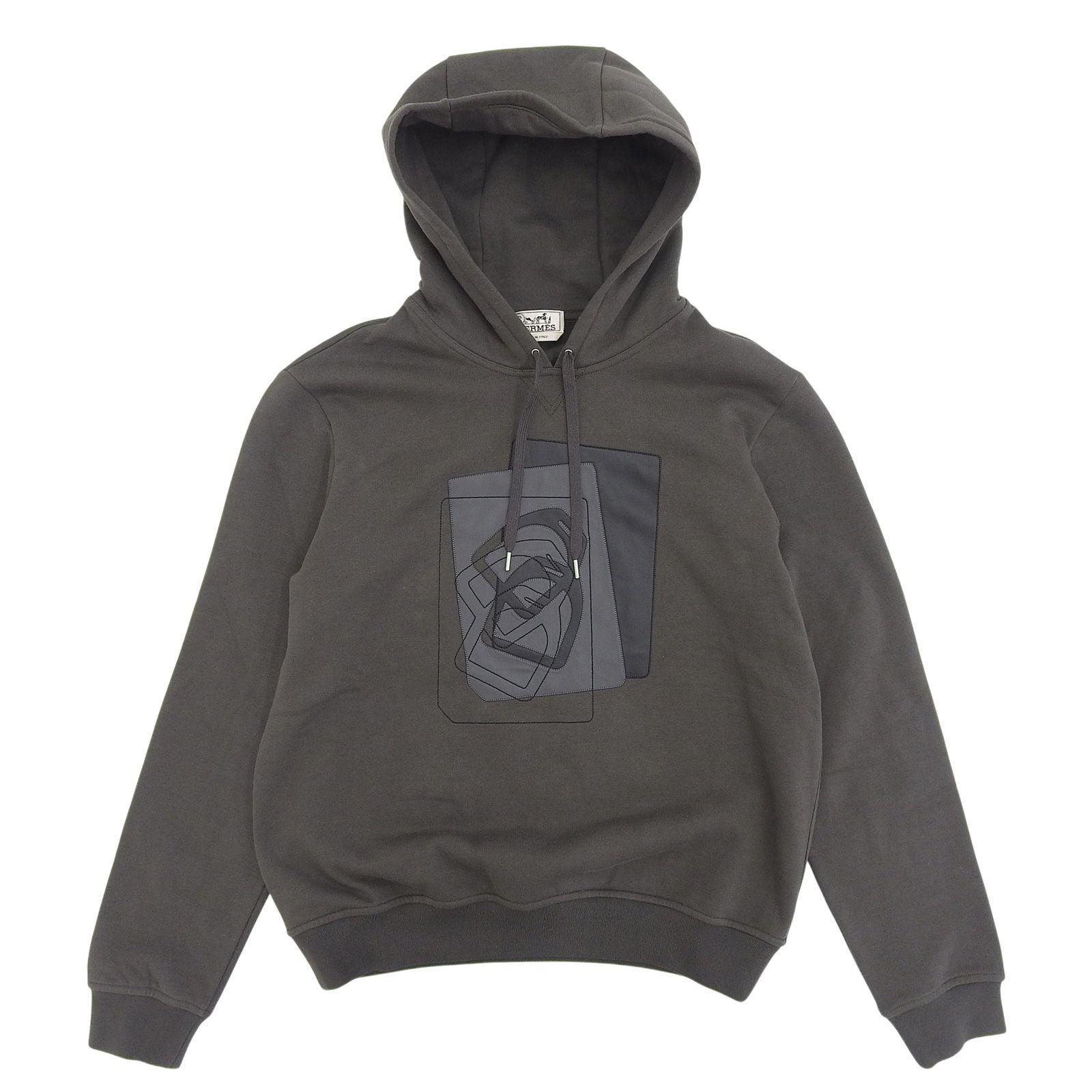 Hermes Etriers Decales Cotton 100% Leather Fleece Lining Hooded Hoodie Gray