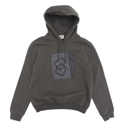 Hermes Etriers Decales Cotton 100% Leather Fleece Lining Hooded Hoodie Gray