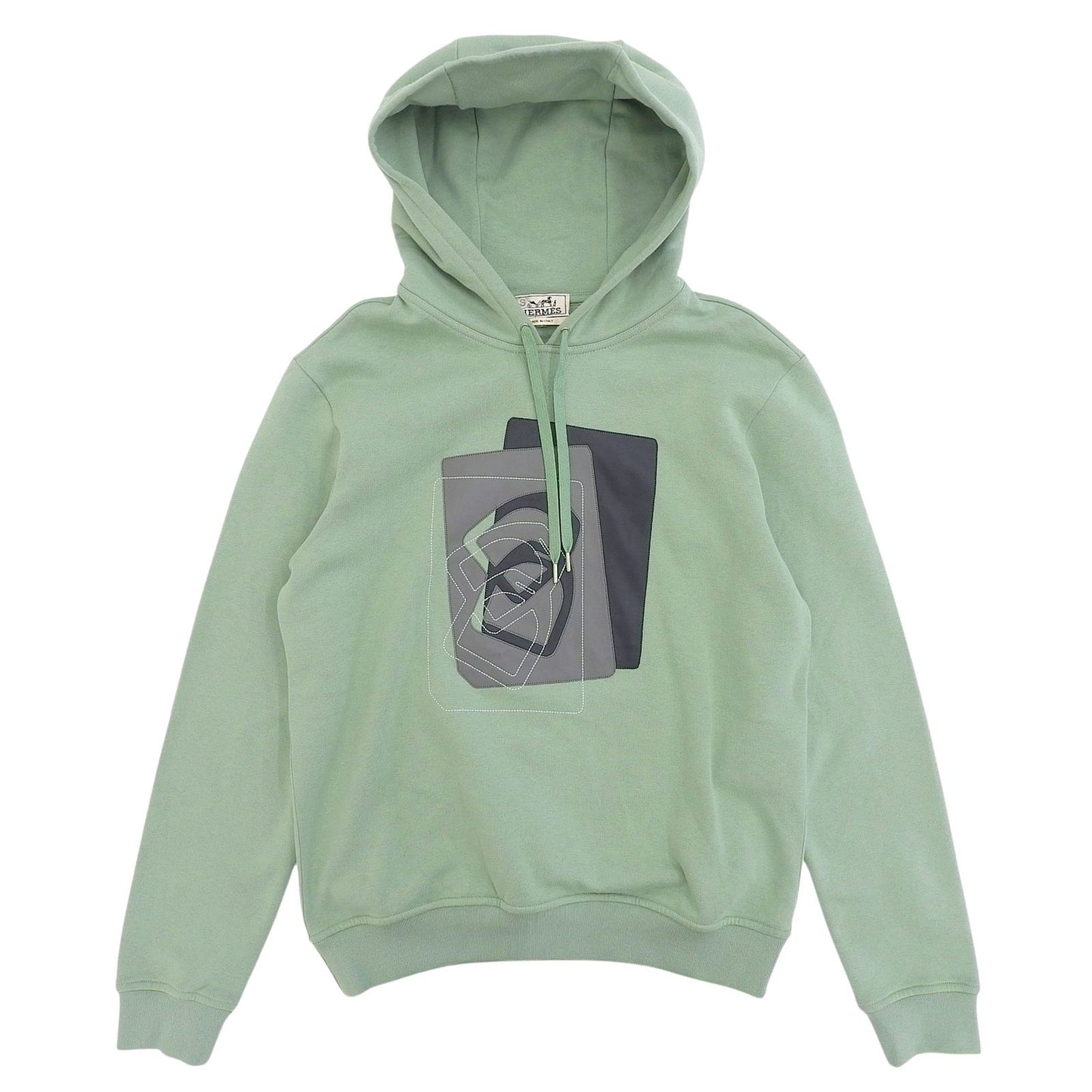 Hermes Etriers Decales Cotton 100% Leather Fleece Lining Hooded Hoodie Green XS