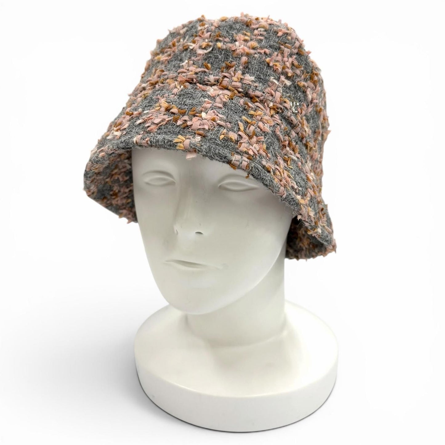 Chanel 22k Wool Alpaca Blend CC Logo Plaid Ribbon Tweed Bucket Hat Gray Pink