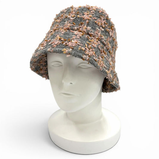 Chanel 22k Wool Alpaca Blend CC Logo Plaid Ribbon Tweed Bucket Hat Gray Pink