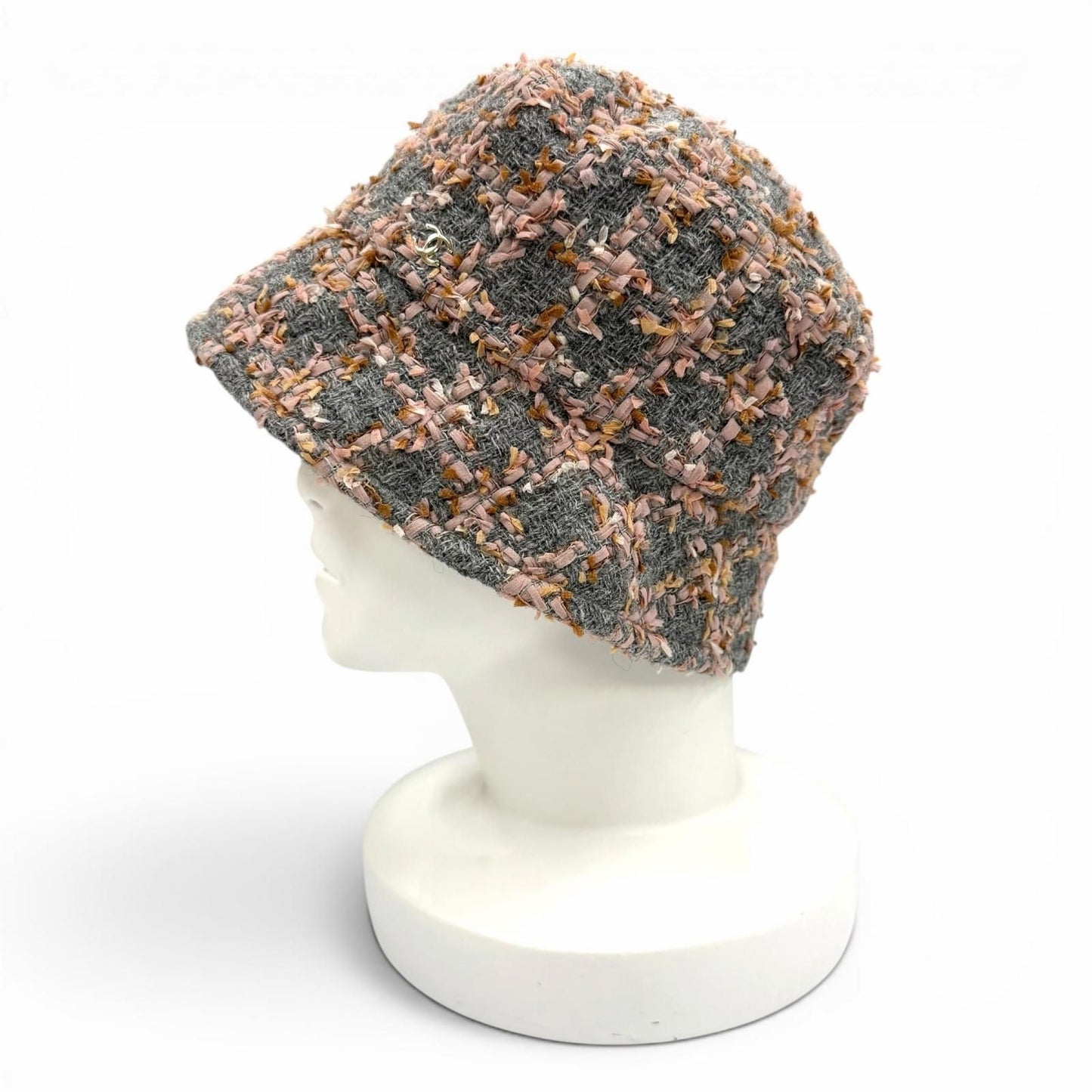 Chanel 22k Wool Alpaca Blend CC Logo Plaid Ribbon Tweed Bucket Hat Gray Pink — view 2