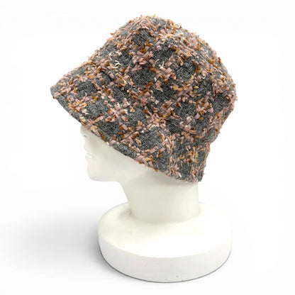 Chanel 22k Wool Alpaca Blend CC Logo Plaid Ribbon Tweed Bucket Hat Gray Pink — view 2