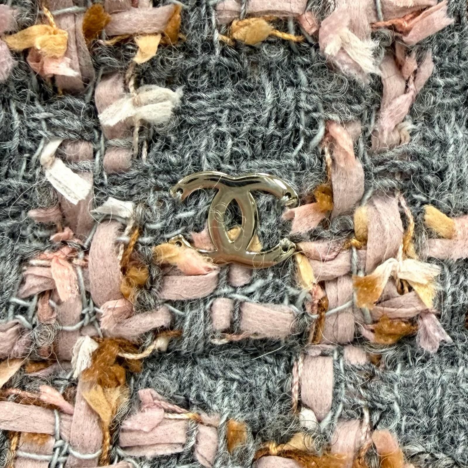 Chanel 22k Wool Alpaca Blend CC Logo Plaid Ribbon Tweed Bucket Hat Gray Pink — view 5