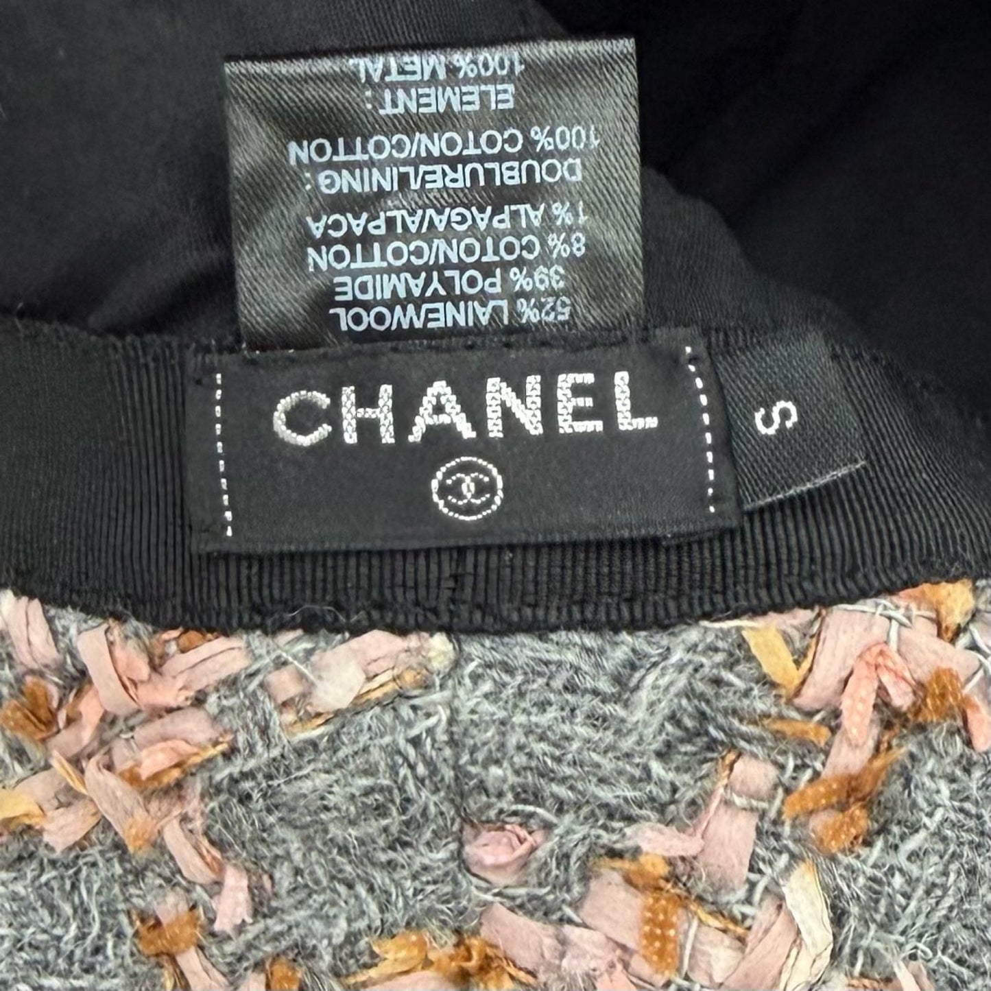 Chanel 22k Wool Alpaca Blend CC Logo Plaid Ribbon Tweed Bucket Hat Gray Pink — view 6