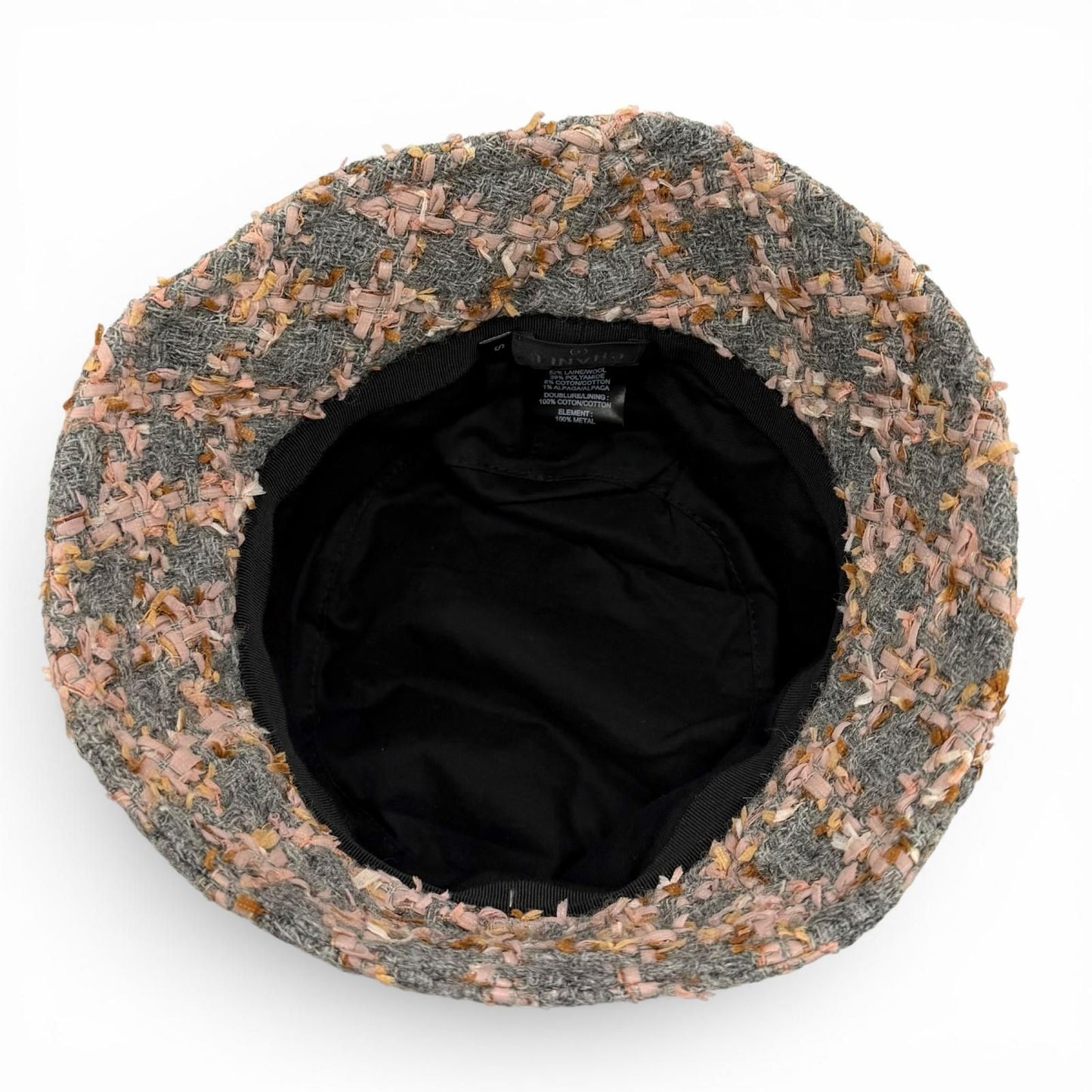 Chanel 22k Wool Alpaca Blend CC Logo Plaid Ribbon Tweed Bucket Hat Gray Pink — view 4