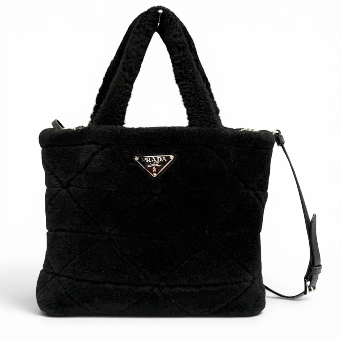 Prada Triangle Logo 2-Way Shearling Fur Shoulder Bag Black