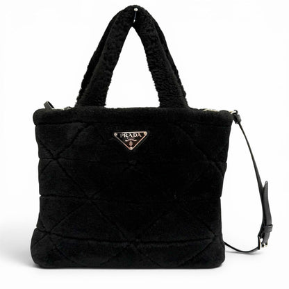 Prada Triangle Logo 2-Way Shearling Fur Shoulder Bag Black