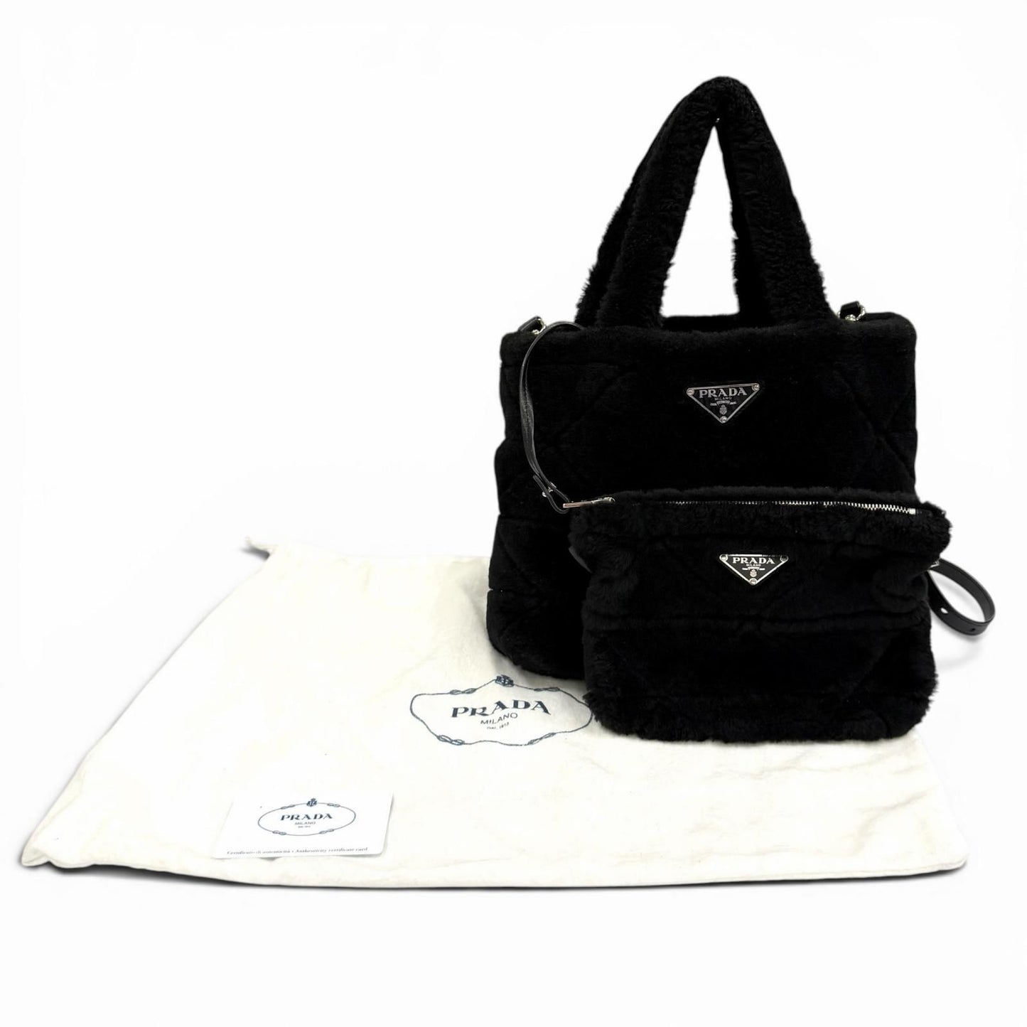 Prada Triangle Logo 2-Way Shearling Fur Shoulder Bag Black — view 2