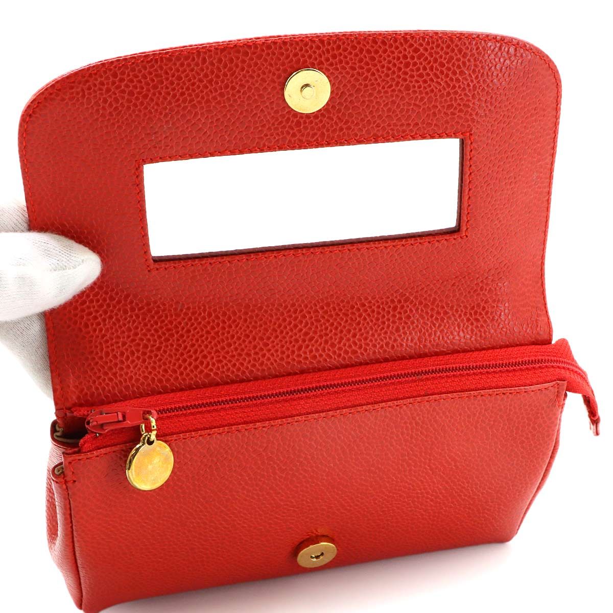Chanel CC Logo Pouch Caviar Leather Red Gold — view 9