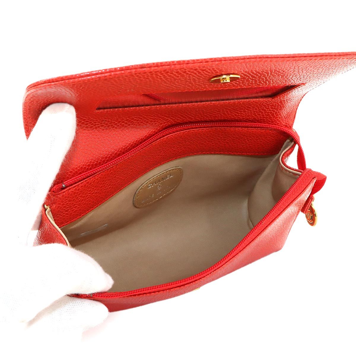 Chanel CC Logo Pouch Caviar Leather Red Gold — view 7