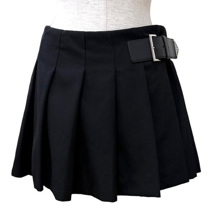 Prada 100% Virgin Wool Triangle Logo Cow Leather with Belt Mini Skirt Pleated