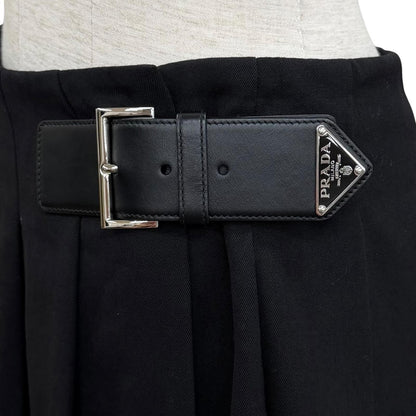 Prada 100% Virgin Wool Triangle Logo Cow Leather with Belt Mini Skirt Pleated — view 6