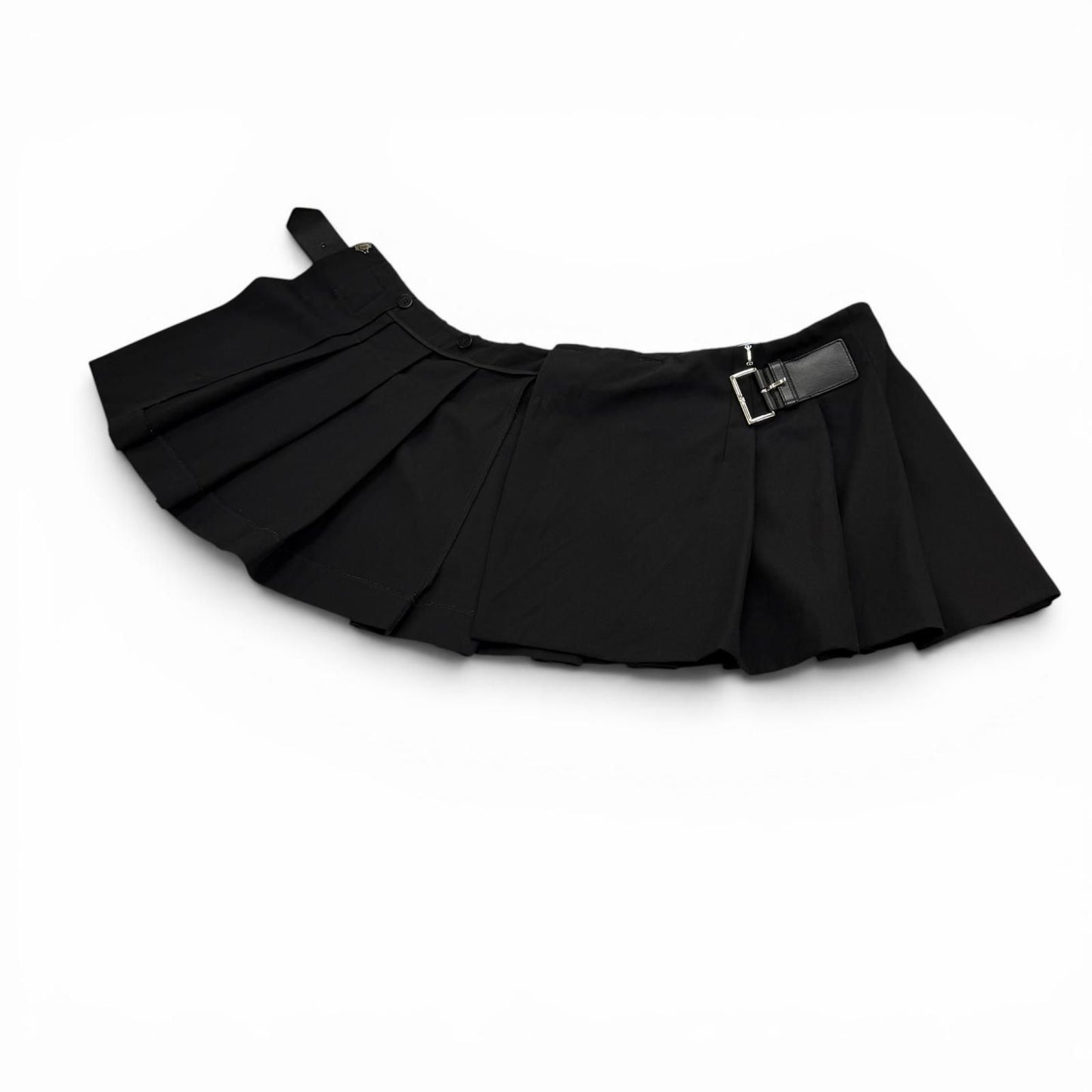 Prada 100% Virgin Wool Triangle Logo Cow Leather with Belt Mini Skirt Pleated — view 5