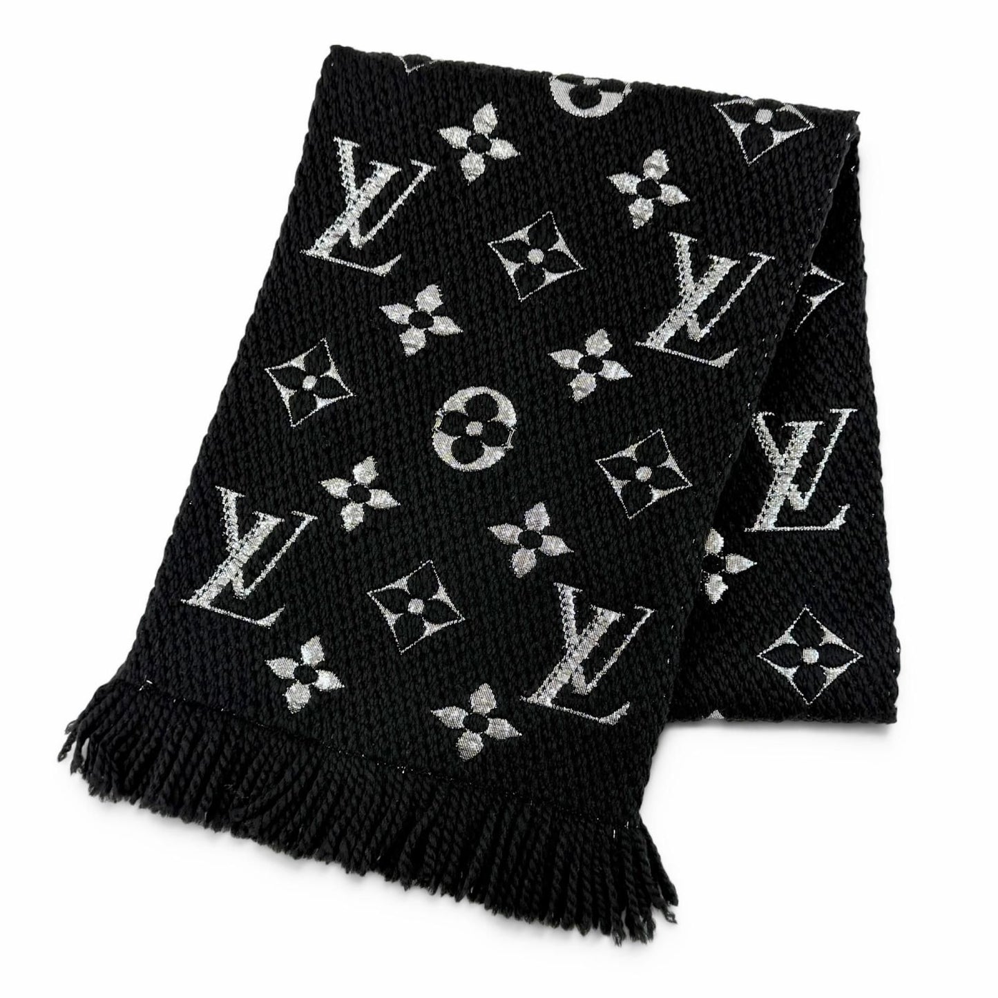 Louis Vuitton Echarpe Logo Mania Shine Wool Silk Scarf Black