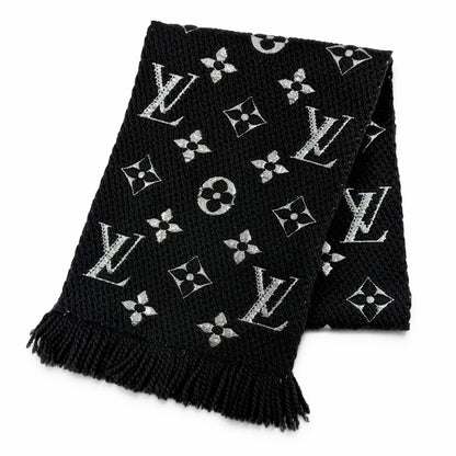 Louis Vuitton Echarpe Logo Mania Shine Wool Silk Scarf Black