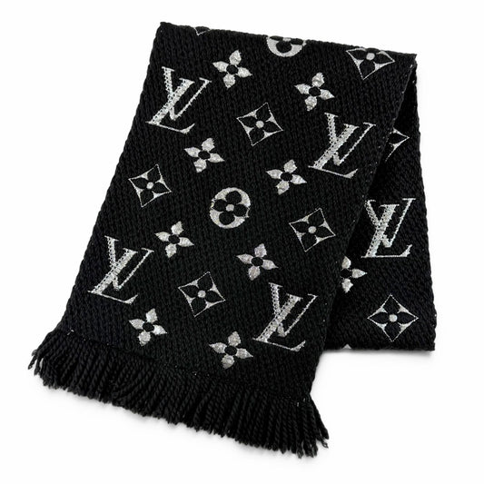 Louis Vuitton Echarpe Logo Mania Shine Wool Silk Scarf Black