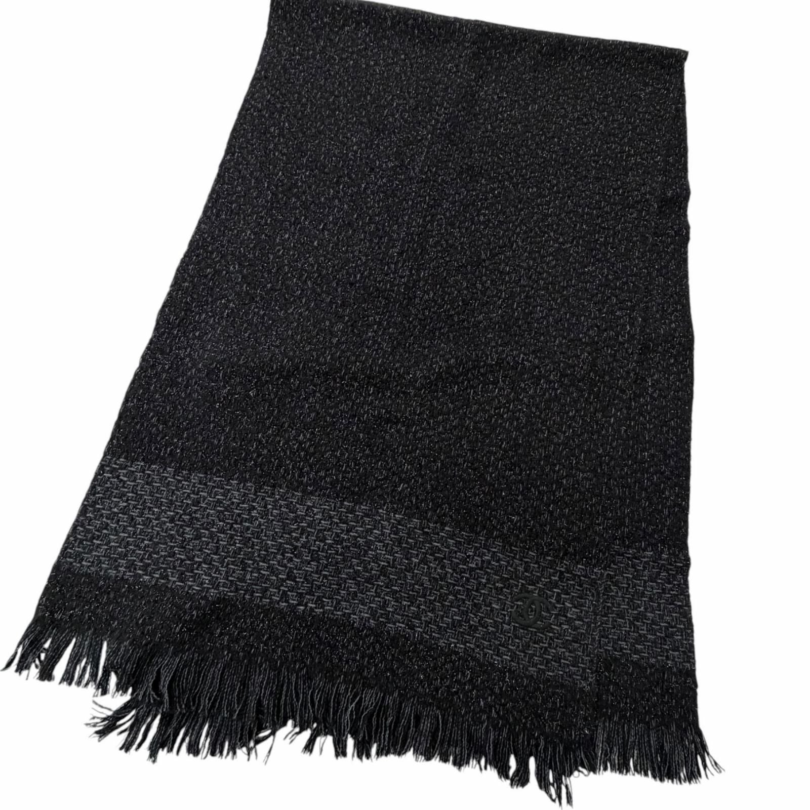 Chanel Cashmere 80% CC Logo Embroidery Large Shawl Scarf Black Light Blue — view 3