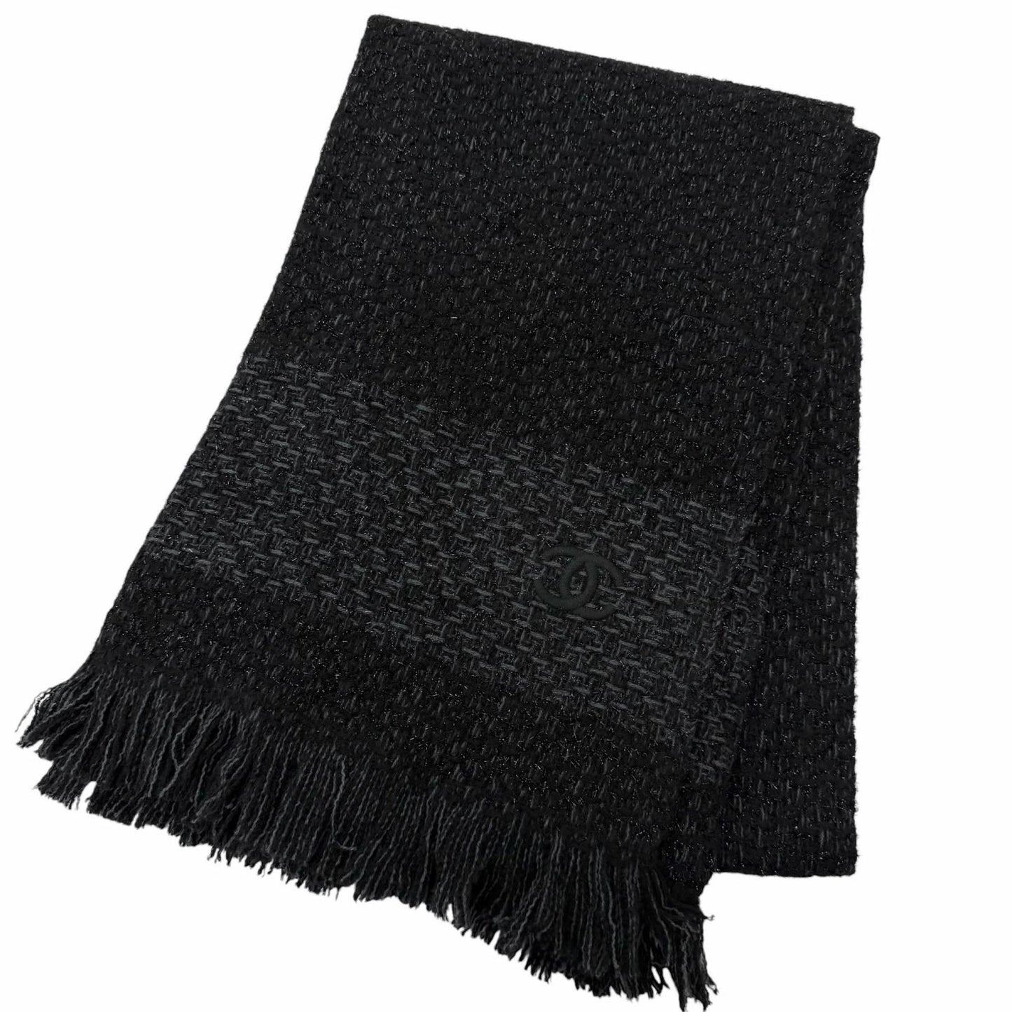 Chanel Cashmere 80% CC Logo Embroidery Large Shawl Scarf Black Light Blue