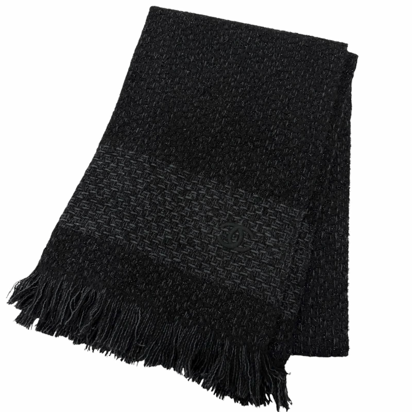 Chanel Cashmere 80% CC Logo Embroidery Large Shawl Scarf Black Light Blue