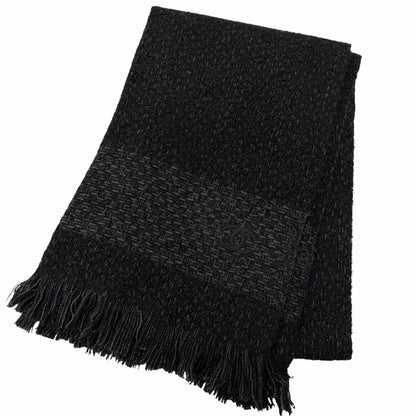 Chanel Cashmere 80% CC Logo Embroidery Large Shawl Scarf Black Light Blue
