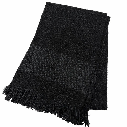 Chanel Cashmere 80% CC Logo Embroidery Large Shawl Scarf Black Light Blue