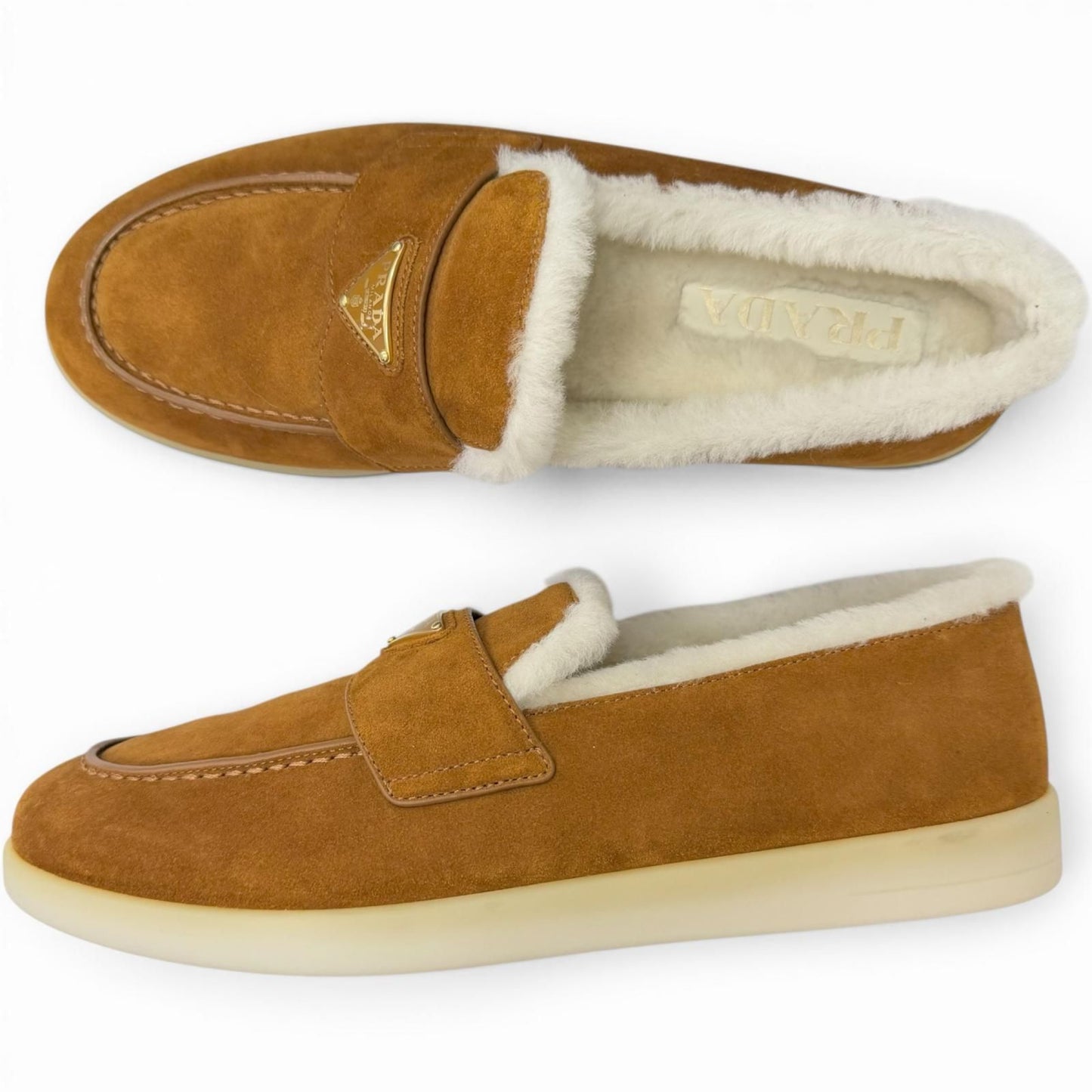 Prada Shearling Triangle Logo Plate Loafers Flat Shoes Brown 7 — view 4