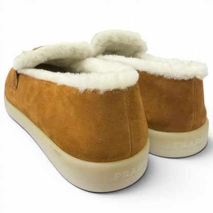 Prada Shearling Triangle Logo Plate Loafers Flat Shoes Brown 7 — view 6