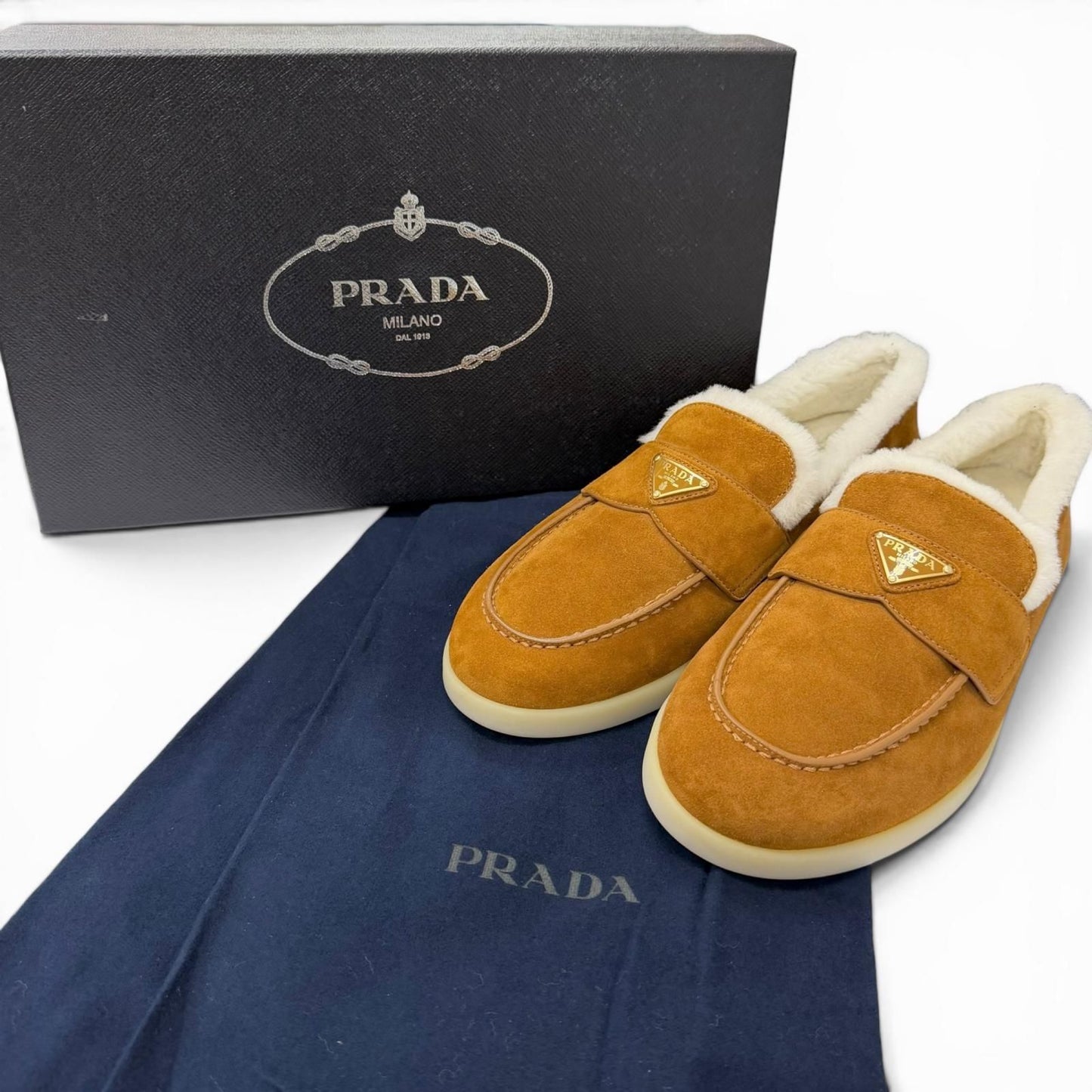 Prada Shearling Triangle Logo Plate Loafers Flat Shoes Brown 7 — view 2